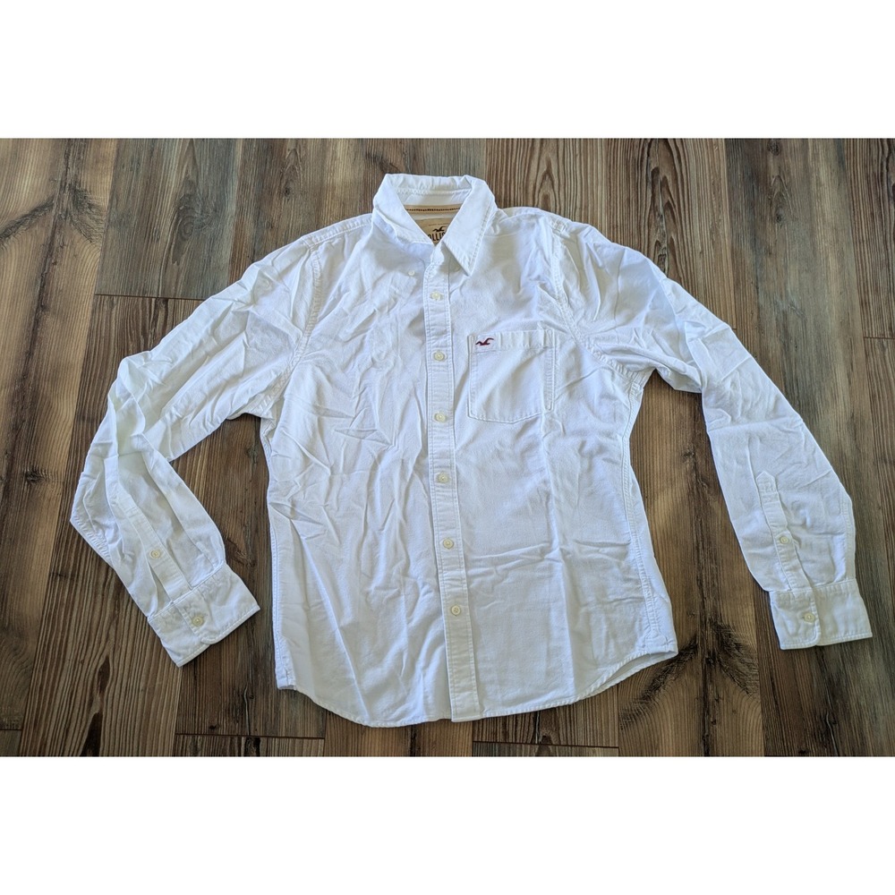 Hollister Men's White Long Sleeve Cotton Button-Up Shirt Embroidered Logo XL